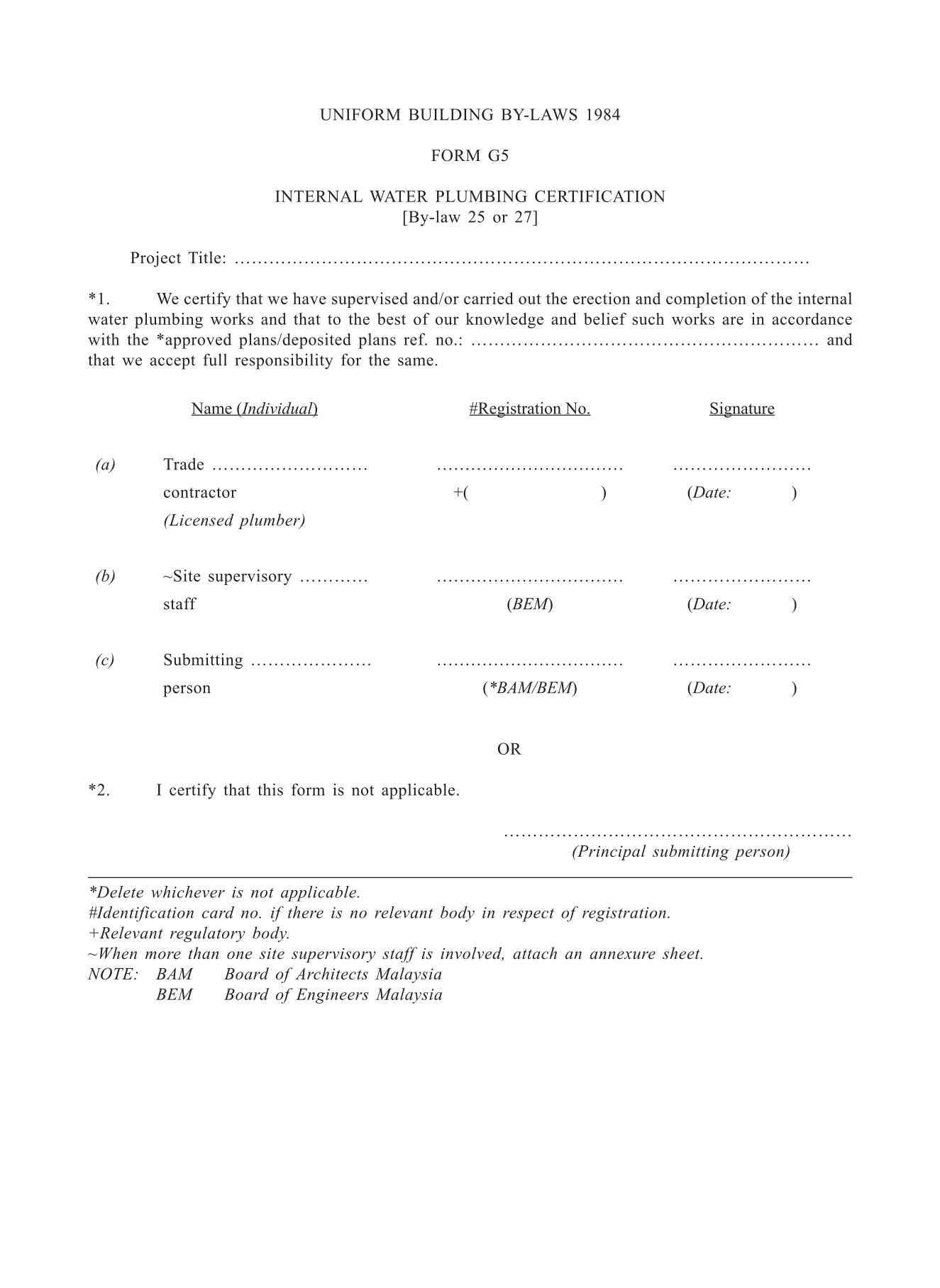 Form G5 INTERNAL WATER PLUMBING CERTIFICATION